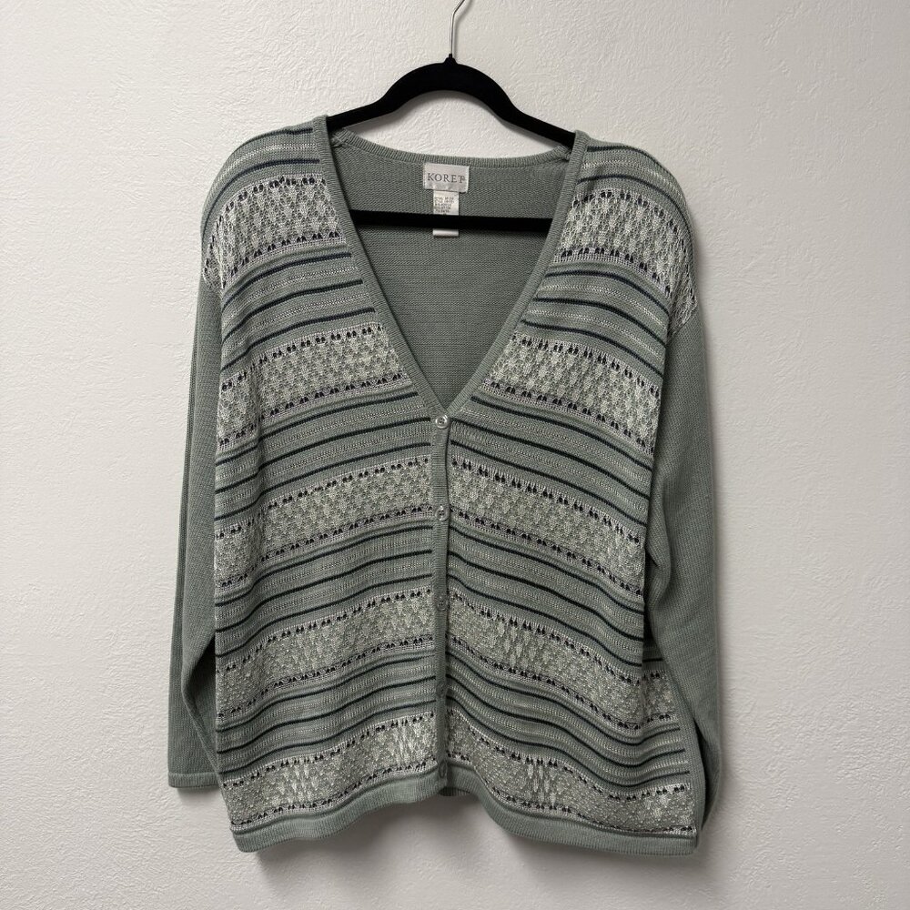 KORET SWEATER CARDIGAN BUTTON UP V-NECK SAGE WOMENS XL CROCHET KNIT COTTAGECORE
